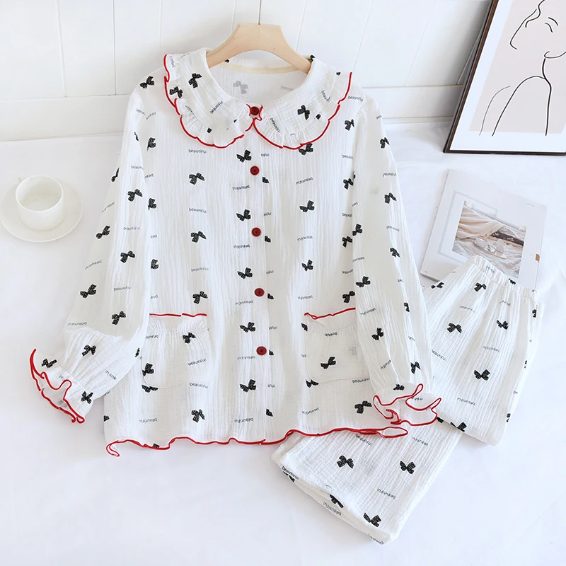 

2PCS Spring Autumn New Cotton Crepe Pajamas Set Long-Sleeve Women Home Service Suit Femme Pijamas Mujer Feminino Pyjama Clothes