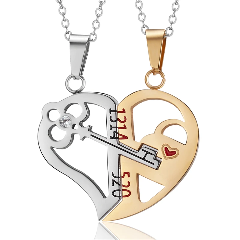 

5201314 Love Heart Couple Necklace Hollow Key Splicing Paired Pendant Necklaces Women Men Jewelry Choker Valentine's Day Gift