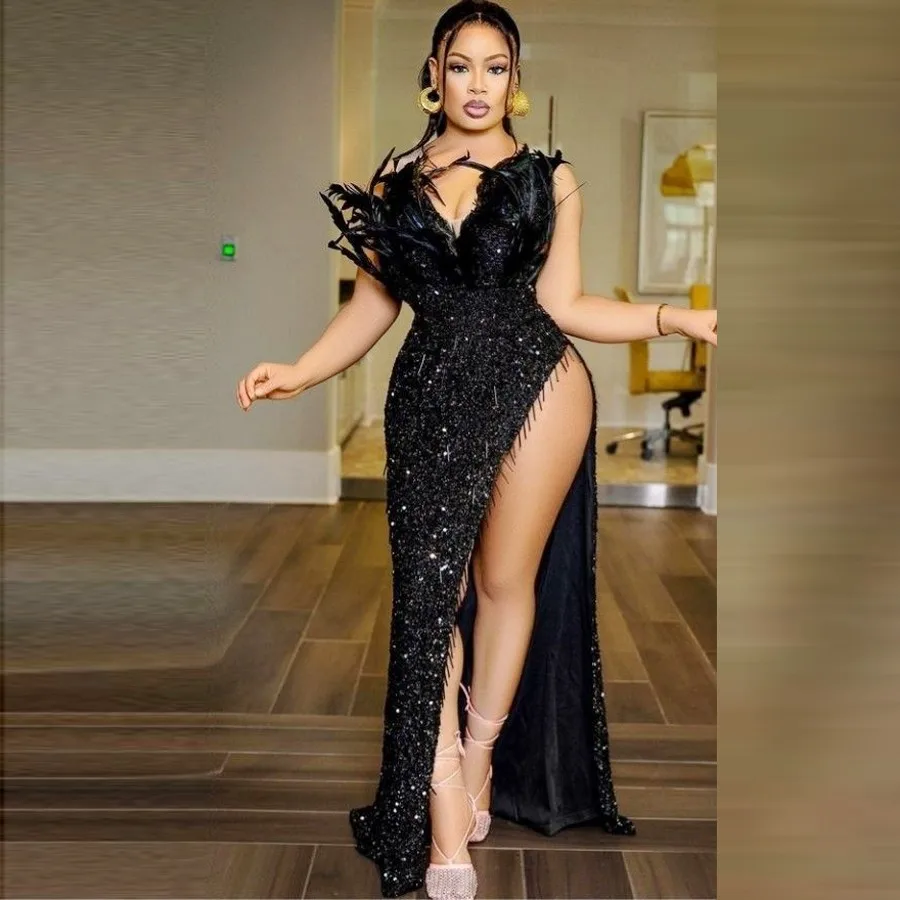 

Black Sequined Prom Dresses Sweetheart Feathers Tassels High Sexy Side Split Evening Dress Aso Ebi Party Birthday Gowns