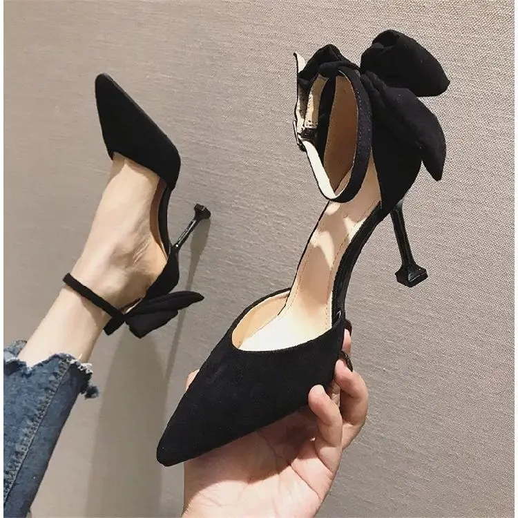 

Marlisasa Women Cute Black Pointed Toe Buckle Strap Stiletto Heels for Office Female Back Bow Tie Summer Party Heel Shoes