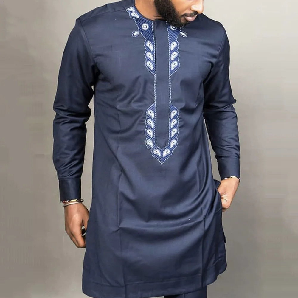 Ramadan Eid Muslim Fashion Men Shirt Arabian White Abaya Dubai Long Sleeve Top Navy Blue Slim Fit Embroidered Islamic Clothing