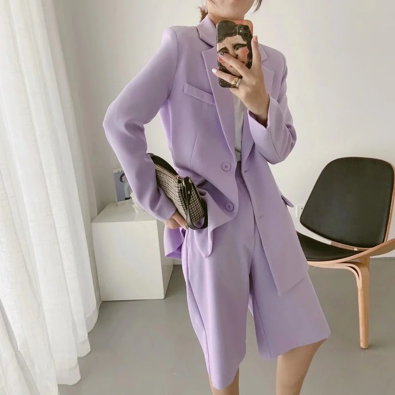 Summer Office Lady Blazer Suit Two Piece Set 2023 Women Single Breasted Casual Commute Blazer High Waist Wide Leg Shorts Suits