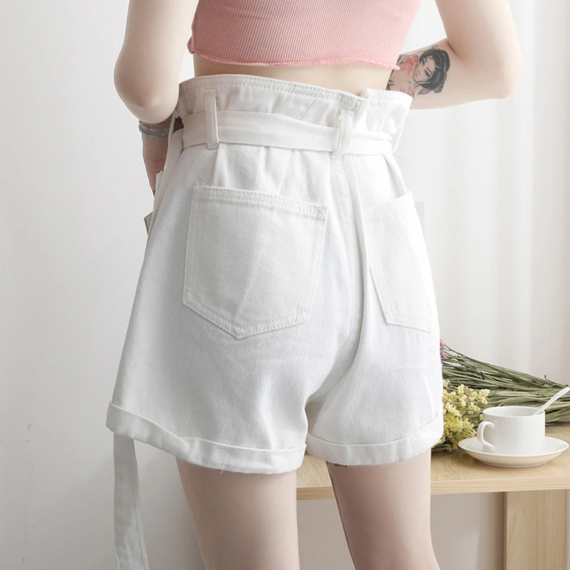 Women's Denim Shorts Classic Vintage Female Casual Sweet Summer Short Jeans High Waist Pink White Wide Leg Bandage Lady Clothing