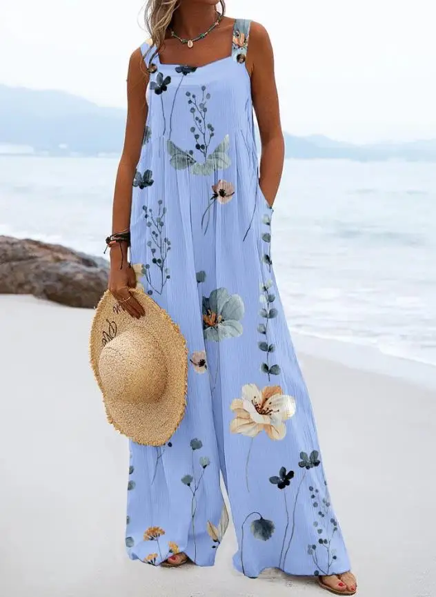 

Casual Overalls for Women Loose Jumpsuits Women 2023 Summer Flower Pocket Button Design Sleeveless Ruched Jumpsuit Streetwear