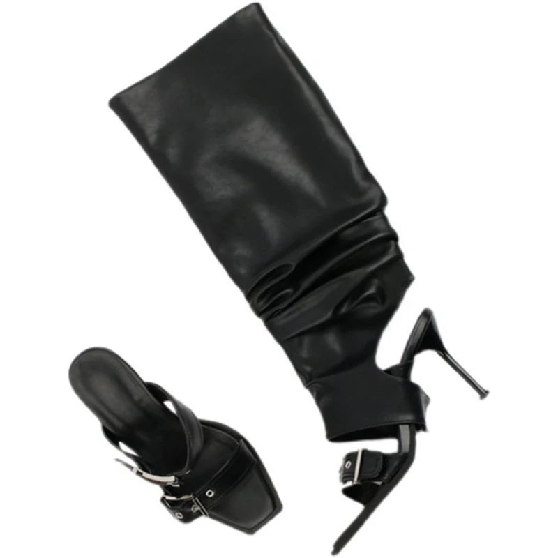 Punk Gothic High Heels Sandals Boots Women 2023 Autumn Metal Buckle Black Long Boots Woman Pu Leather Knee High Botas Shoes
