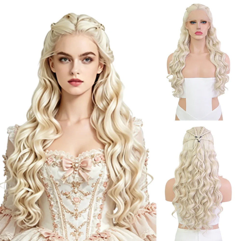 Фото Парик для косплея Daenerys Khaleesi, 13x4 HD, с кружевной передней частью, светло-платиновый блонд, длинные волнистые пряди, синтетические волосы, без клея, для женщин №2