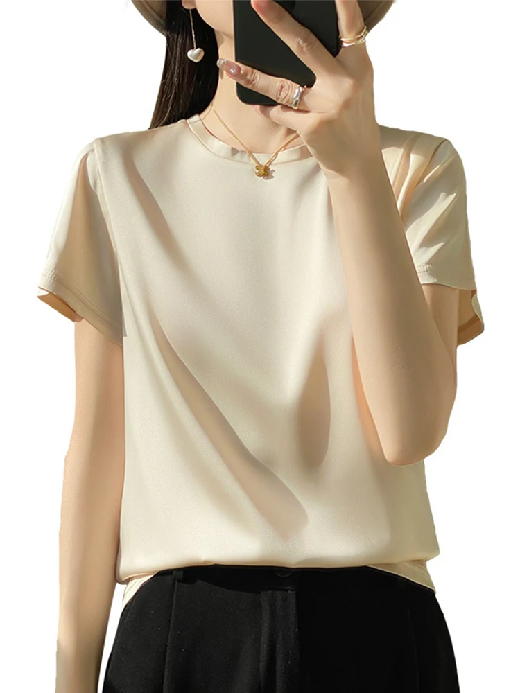 Silk Satin Short Sleeve T-Shirt Women's 2025 Summer New Arrival Loose Slim Looking Half-Length Thin Top ... |