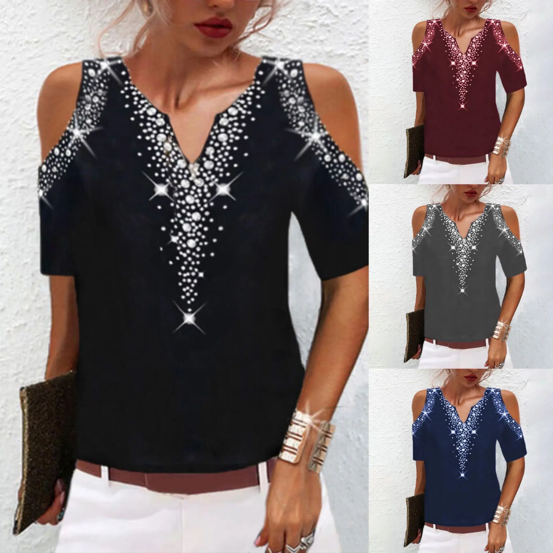 

Print Off-the-shoulder Short SleeveT-shirt Women's Summer Sexy V Neck Casual Plus Size Y2K Tees Shirt Loose Sling Tshirt Blouse