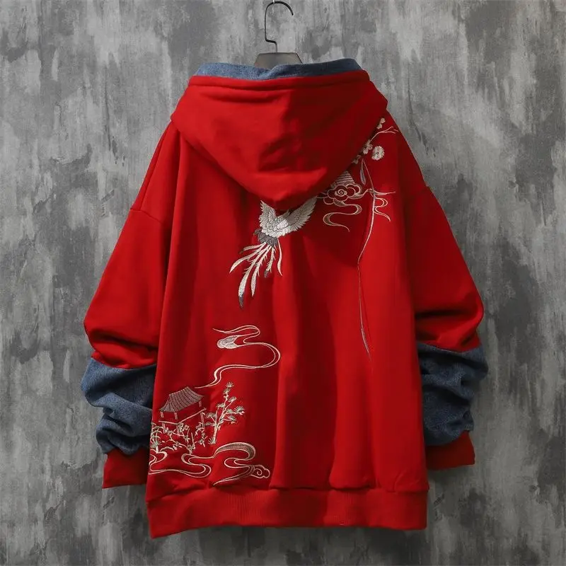 

Chinese style crane embroidery women long hoodie pullover cartoon print long sleeve split pocket sweater hoodie dress