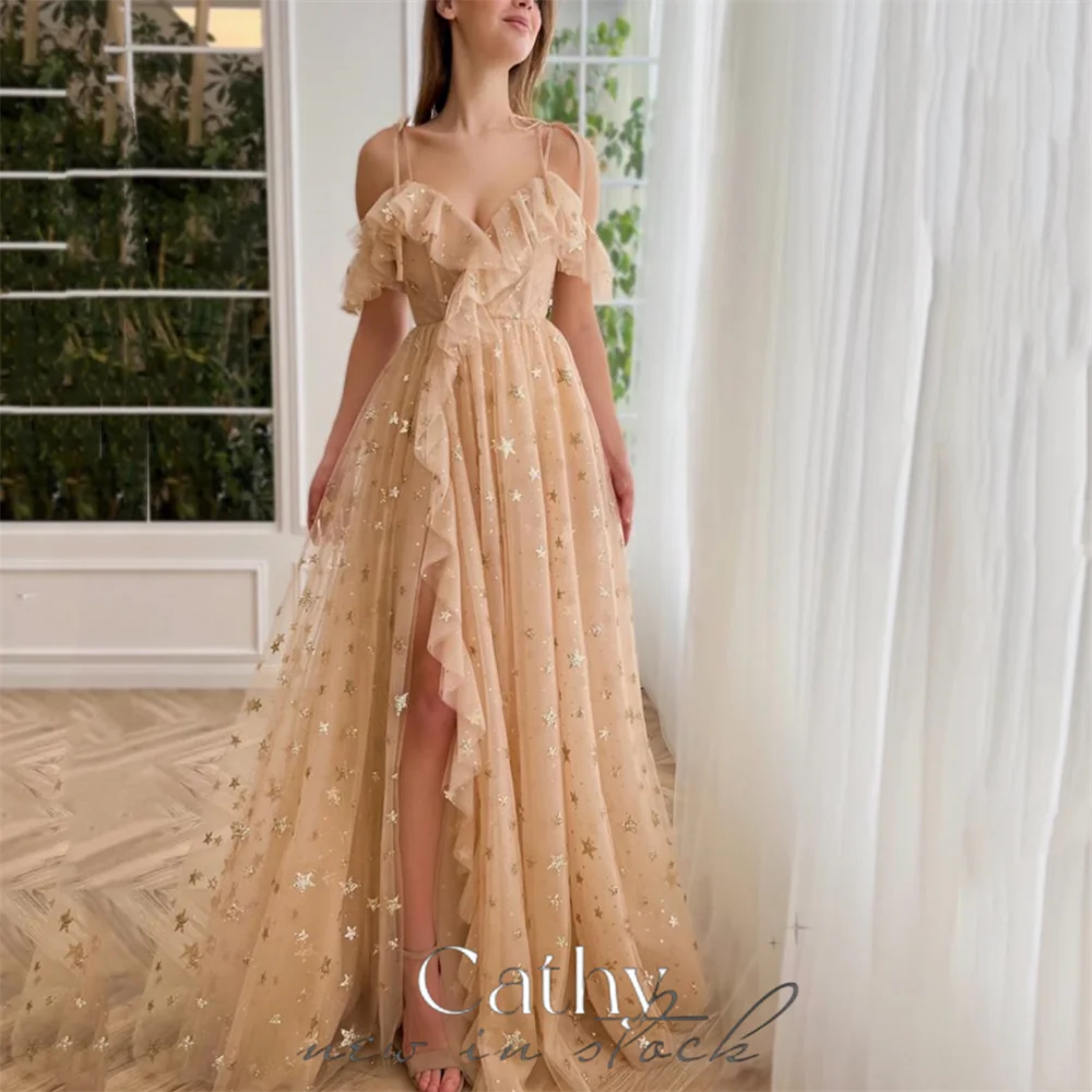 

Cathy Sweet Off Shoulder A-line Vestidos De Noche Champagne Star فساتين السهرة Elegant Side Split Spaghetti Strap Prom Dress