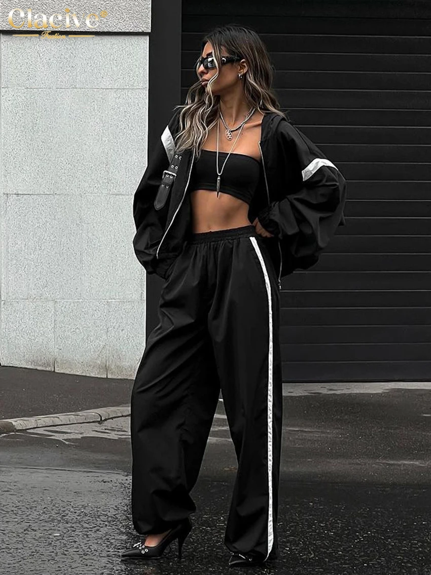 

Clacive Fashion Loose Black Patchwork Pants Sets For Women 2 Pieces Elegant Long Sleeve Zip Top With High Waist Trousers Suits