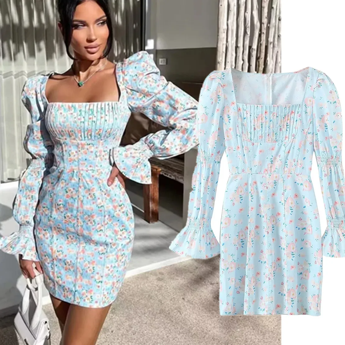 

Withered 2023 French Style Vintage Floral Print Indie Folk Square Collar Flare Sleeve Party Mini Dress Women