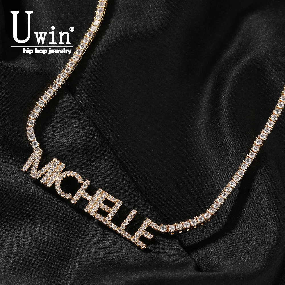 

Uwin Custom Mini Letter Welding 2mm Tennis Chain Name Pendant Necklaces For Women Full Iced Out CZ Fashion Hip Hop Jewelry Gift