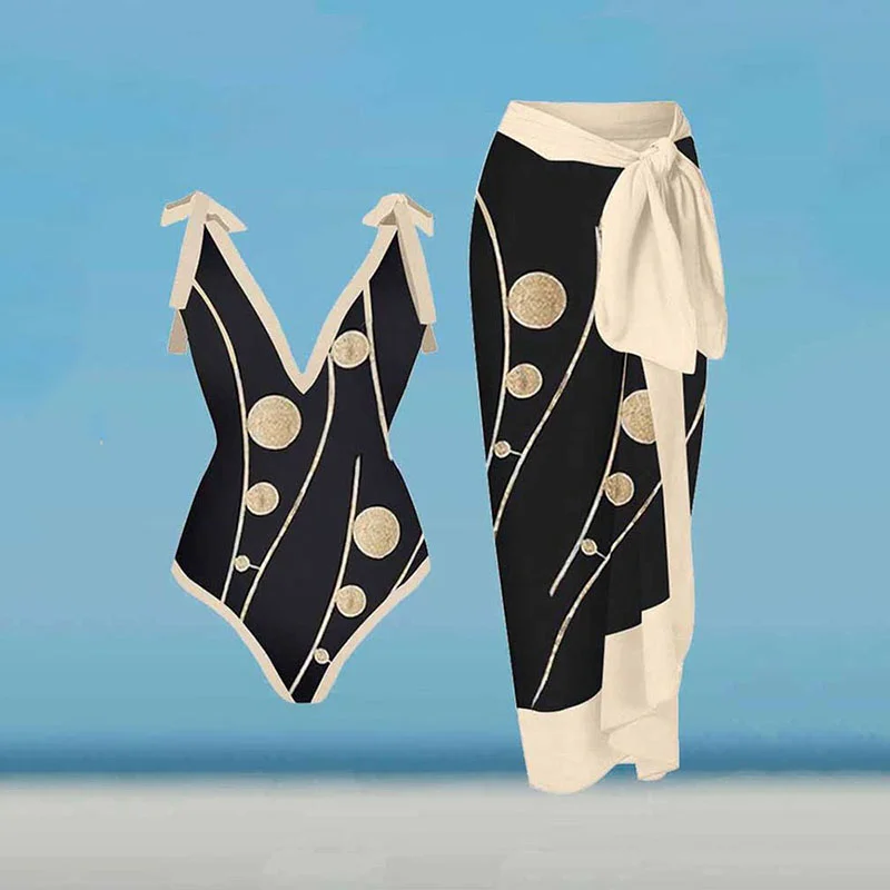 Women One Piece Swimsuit Swimwear Cover Up Retro Holiday Beach Dress Leopard Print Skirt Summer Surf Wear Bathing Suit