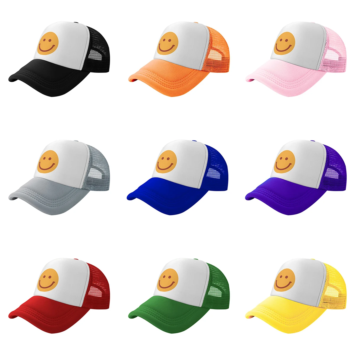 Smiley Face Trucker Hat New Fashion Mesh Baseball Caps Adjustable Snapback Preppy Hat for Women and Men Washed Dad Hat