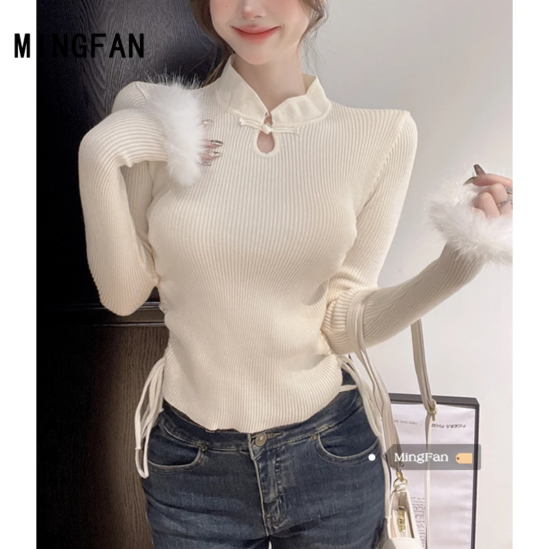 Осень и зима 2024 новая женская одежда воротник-стойка облегающая вязаная