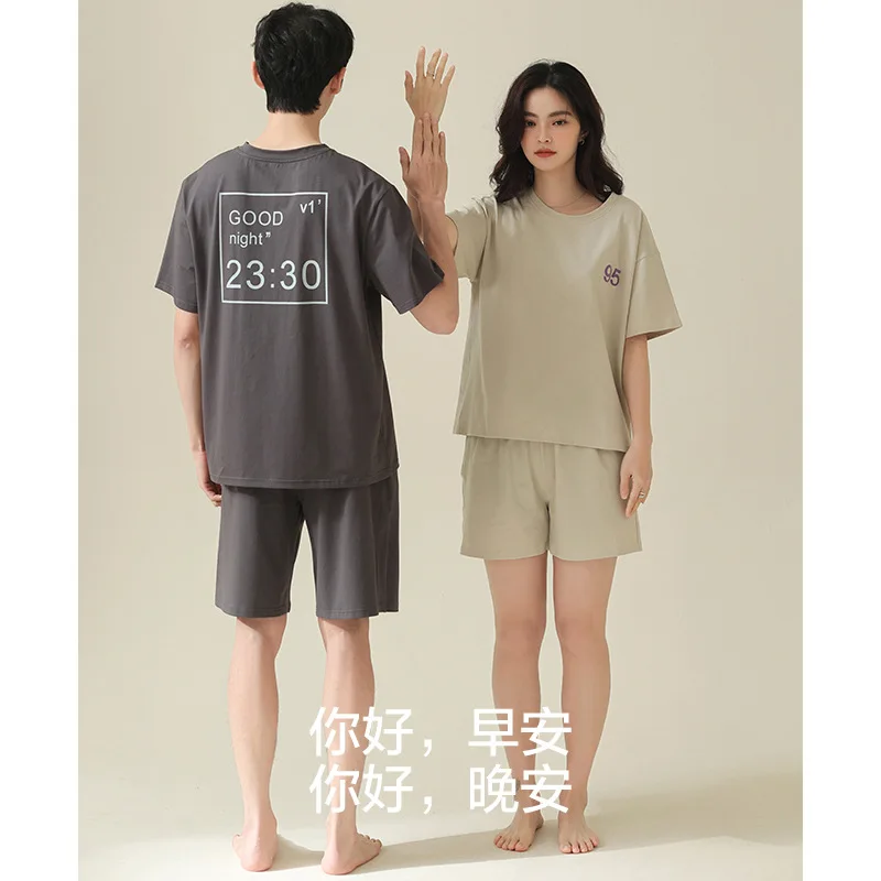 Summer Pajamas Women's Short Sleeve Trousers 2 Piece Sets Couple Pajamas O-Neck Cotton Soft Cool Pyjamas Men Home Clothes Suits