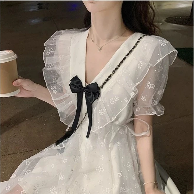 

Summer Sweet Lace Fairy Dress Women Kawaii Bow Ruffle Puff Sleeve Princess Lolita Floral Dresses Girly French Ladylike Vestidos