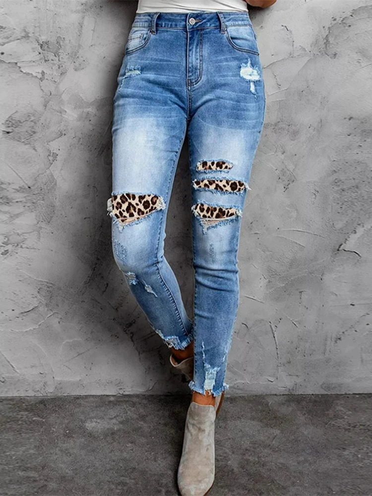 

Y2k Jeans Female Leopard Patchworks Mid Waisted Pencil Denim Pants 2023 Stretch Slim Fashion Lady Casual Bottoms Light Blue Wash