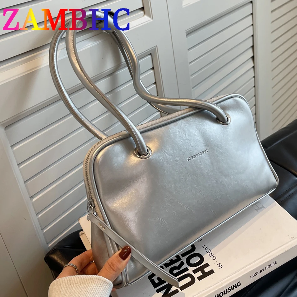 

Vintage Oil PU Leather Women's Underarm Bag Long Zipper Design Shoulder Bags for Women 2023 Trend Brand Lady Silver Commute Tote