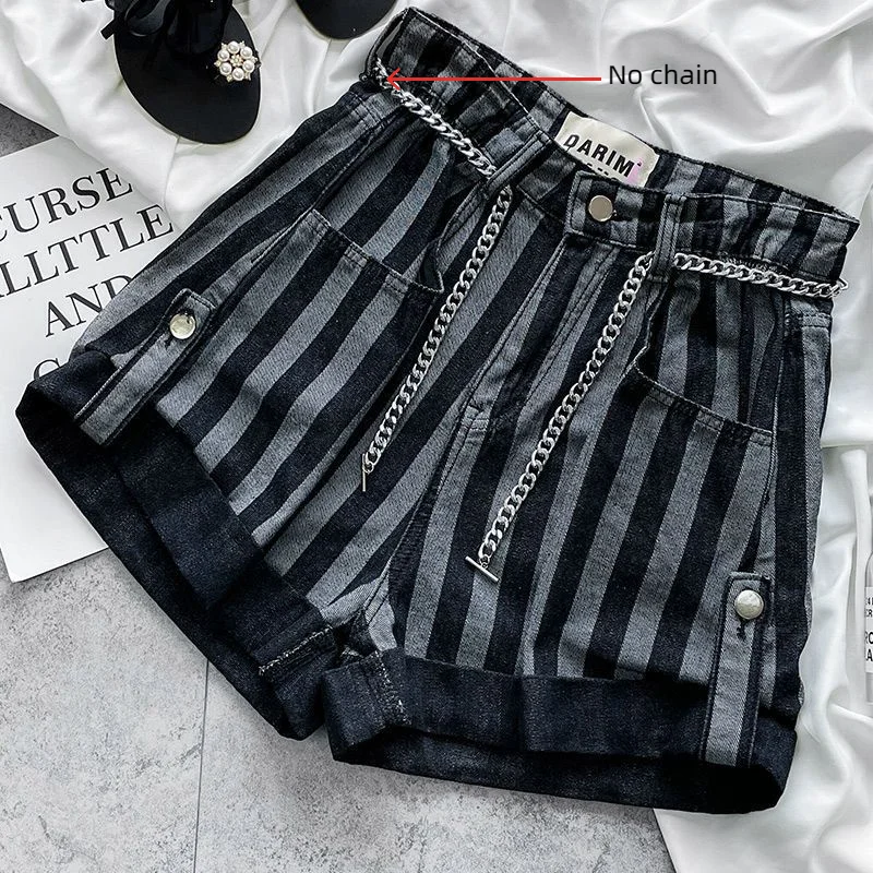Summer New High Waist Slim A-line Casual Shorts Ladies Vertical Stripes Zipper Denim Pants Fashion Trend Women Clothing