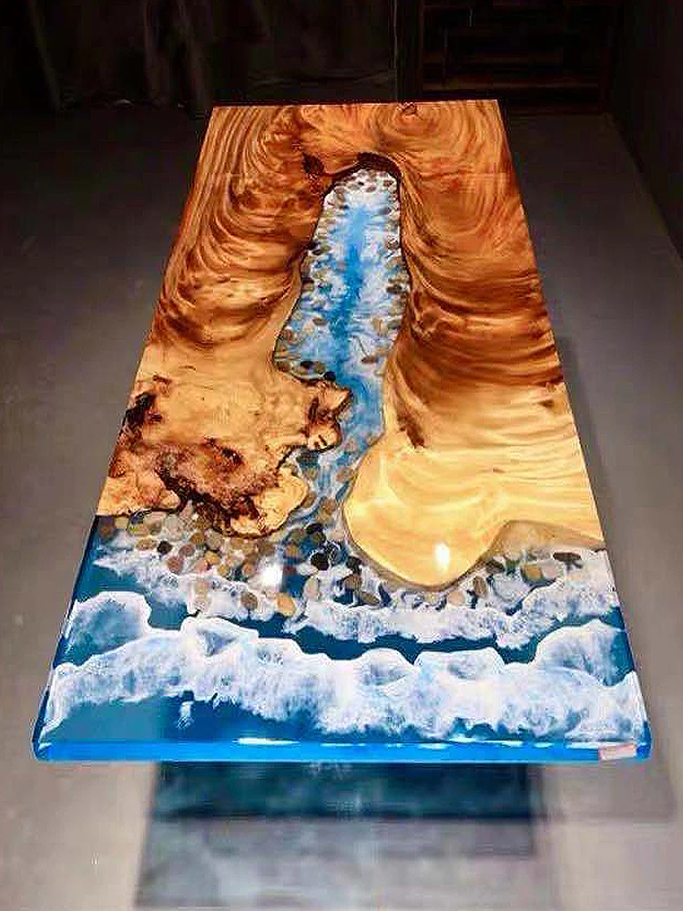 

Customized epoxy resin large board solid ocean wave creative river dining raw wood table, furniture grid