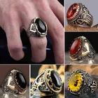 Мужское кольцо на палец в стиле ретро, овальное геометрическое кольцо с инкрустированными черными и красными кристаллами, оптовая продажа ювелирных изделий в стиле панк, байкера