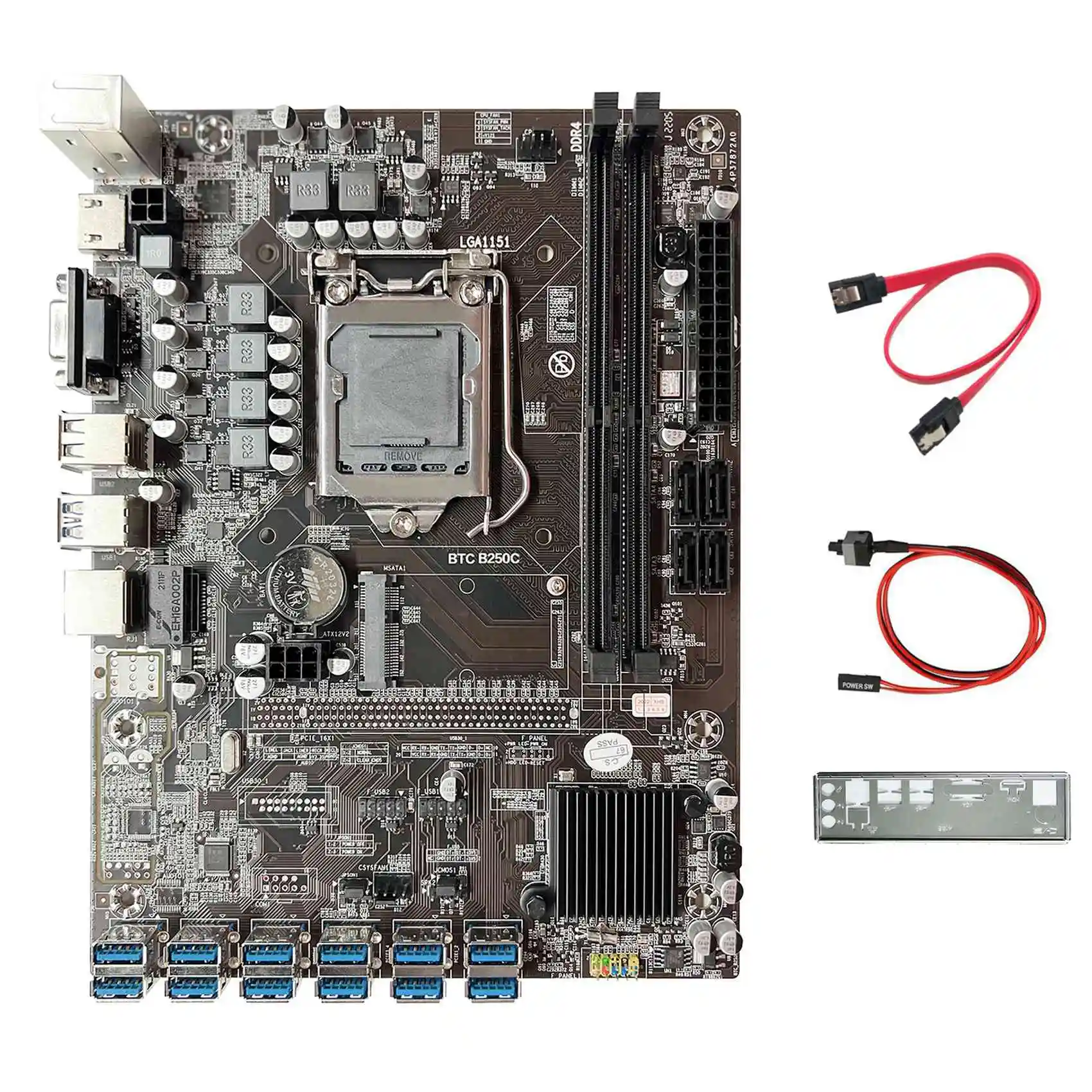 B250C ETH Miner Motherboard+Baffle+SATA Cable+Switch Cable 12 PCIE to USB3.0 Graphics Card Slot LGA1151 for BTC Mining