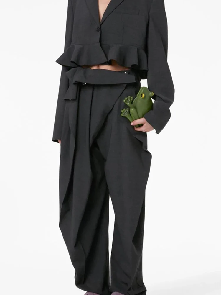 

Fashion High-Quality Autumn And Winter New Temperament High-Waisted Asymmetric Pleated Leather Belt Tapered Suit Pants