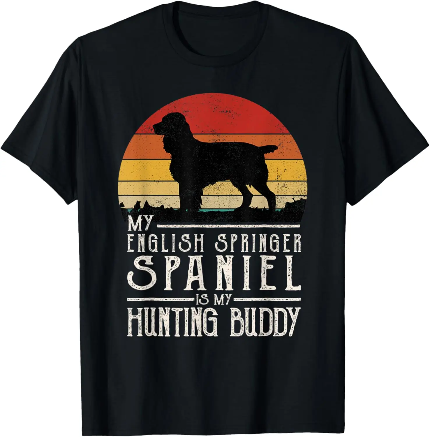 Винтажная футболка с охотничьей собакой на закате английский спрингер-спаниель