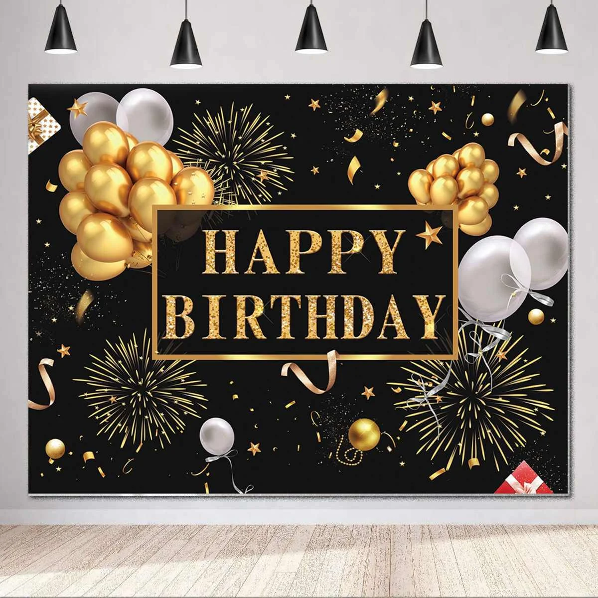 

Happy Birthday Party Backdrop Black and Gold Glitter Balloons Background Sparkle Shining Dots Abstract Decoration Photo Booth