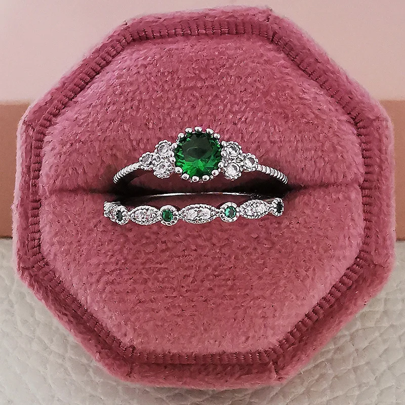 

Hot Selling Green Ring Set of Two High Quality Cubic Zirconia Ring Fashion Women Jewelry Accessories Party Shiny CZ Crystal Ring