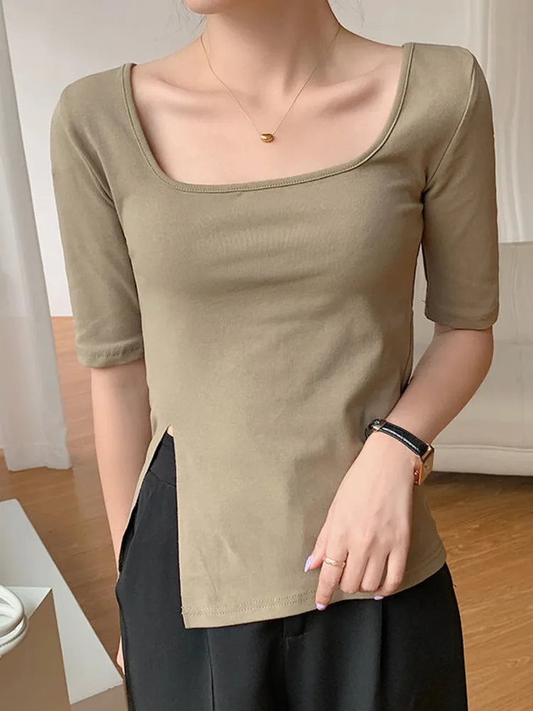 

Женская Асимметричная хлопковая футболка, приталенная Однотонная футболка с квадратным вырезом и коротким рукавом, модный топ с разрезом в...