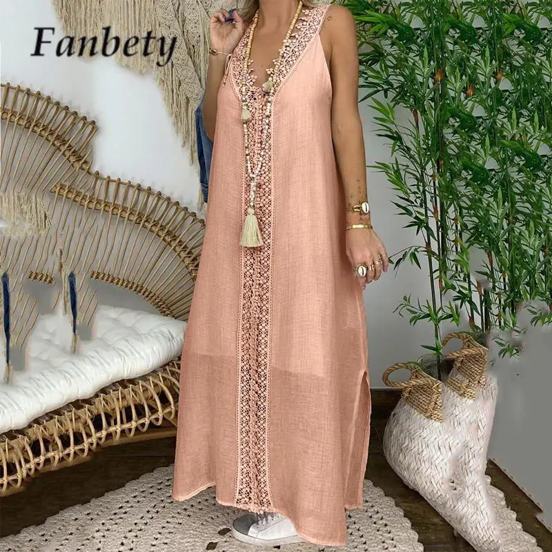 

Casual Lace Patchwork Sleeveless Long Dress Summer V Neck Loose Pullover Dress Bohemia Women Solid Color Split Beach Tank Dress