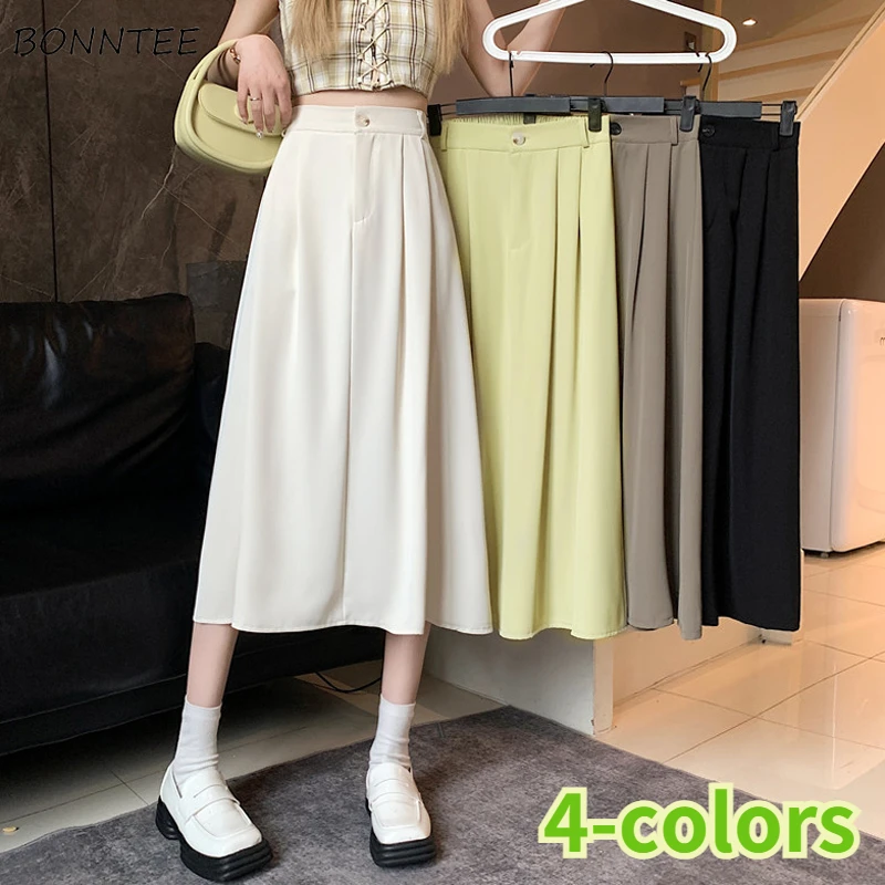 

Skirts Women Solid Simple A-line High Waist College Sweet Folds Fashion Summer Streetwear Mujer Faldas Mid-Calf Casual All-match