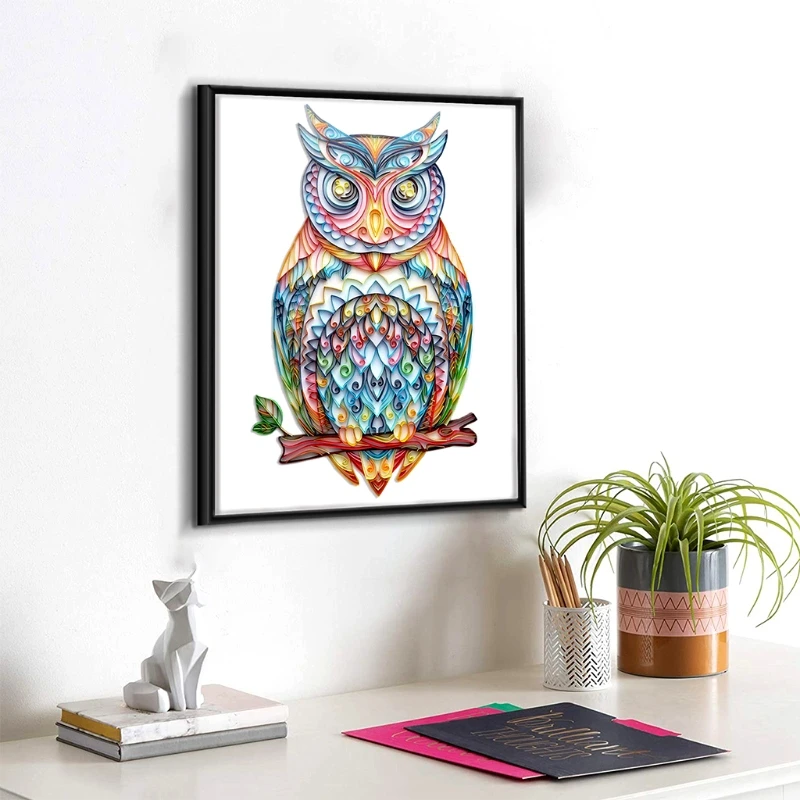 

20 Inch 3D Rainbow Owl Quilling Paper Filigree Painting Kit Handmade Wall Art Decal Stickers DIY Crafts for Home Bedroom Gifts