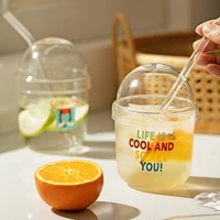 440ml cartoon glass straw cup with lid transparent coffee juice cup party restaurant cold drink mug
