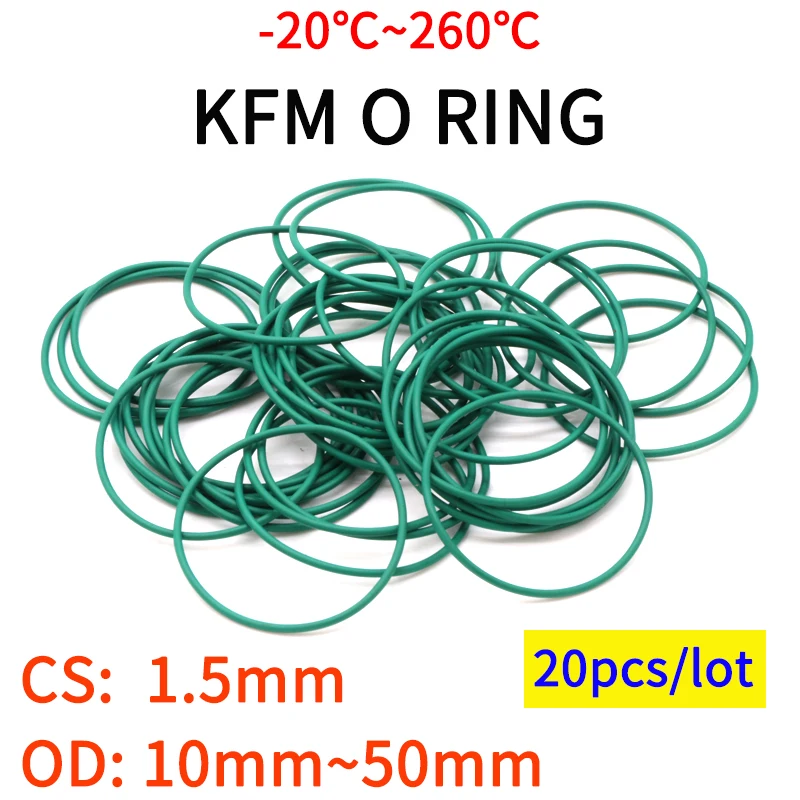 

20pcs CS1.5mm OD 10~50mm Green FKM Fluorine Rubber O Ring Sealing Gasket Insulation Oil High Temperature Resistance Green