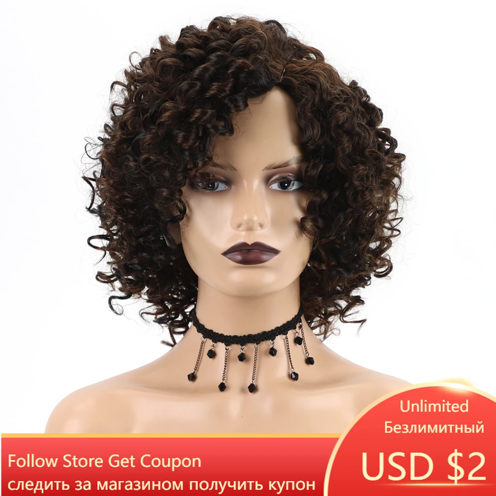 

GNIMEGIL Female Afro Kinky Curly Wig Synthetic Fiber Colly Curls Wigs for Black Women Fashion Dark Brown Hair Replacement Wig