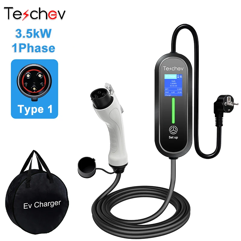 Портативное зарядное устройство для электромобилей Teschev Type 1, штекер Schuko типа 2, GBT 16A, 3,5 кВт, 5 м, зарядное устройство для электромобилей, настенная коробка, домашняя зарядная станция