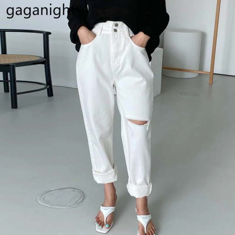 

Gaganight женские тонкие брюки с завышенной талией и двумя пуговицами 2022 корейский шик ретро универсальные прямые свободные рваные эластичные ...