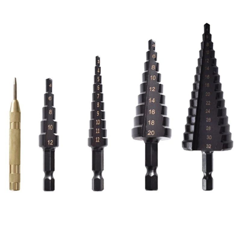 

AT14 5Pcs HSS Step Drill Bit Set Pagoda Straight Groove Step Cone Drill Bit Drilling Power Tool Wood Metal Hole Cutter
