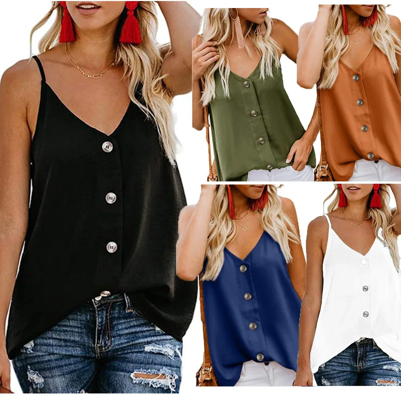 

Women's Tank Top Summer Casual Sexy V-neck Button Up Sleeveless Print Shirt 2022 New Loose Female Fashion Vest 12 Color 6 Size