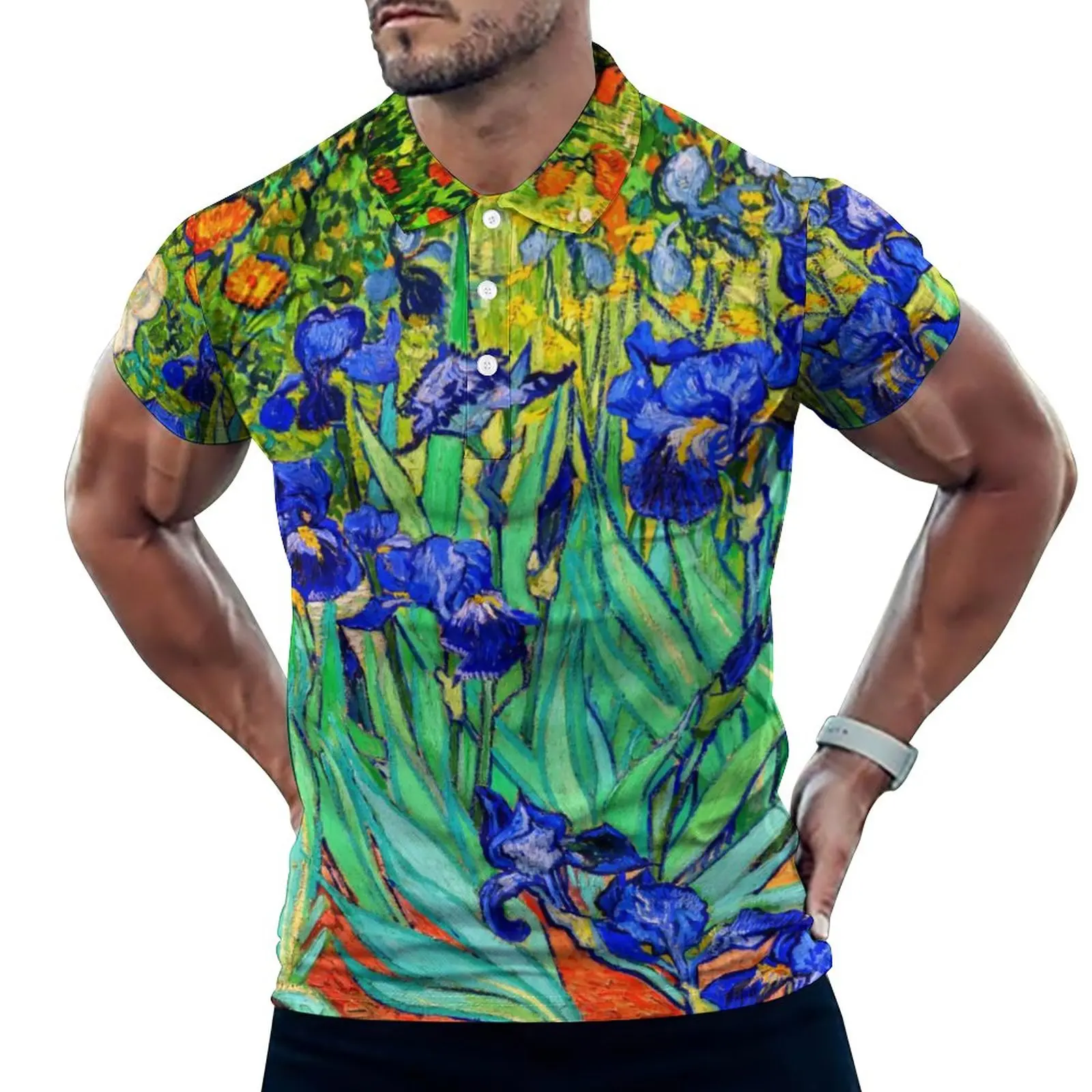

Повседневные Винтажные Футболки с цветочным принтом, рубашки-поло с принтом ирисей Ван Гога, стильная рубашка с отложным воротником, мужски...