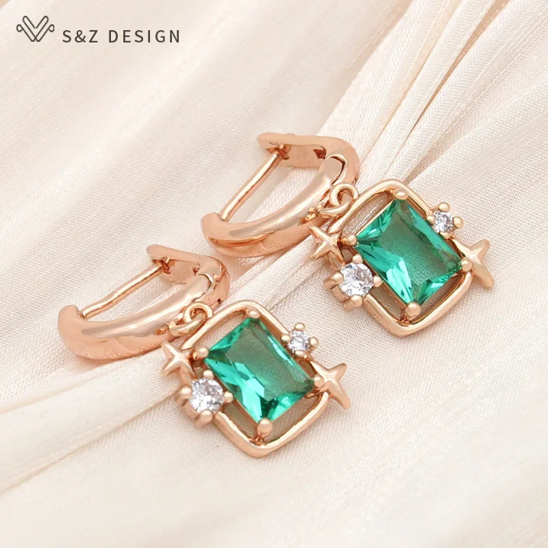 

S&Z DESIGN New Fashion Elegant Rectangle Crystal Dangle Earrings For Women Jewelry 585 Rose Gold Color Zirconia Eardrop Gift