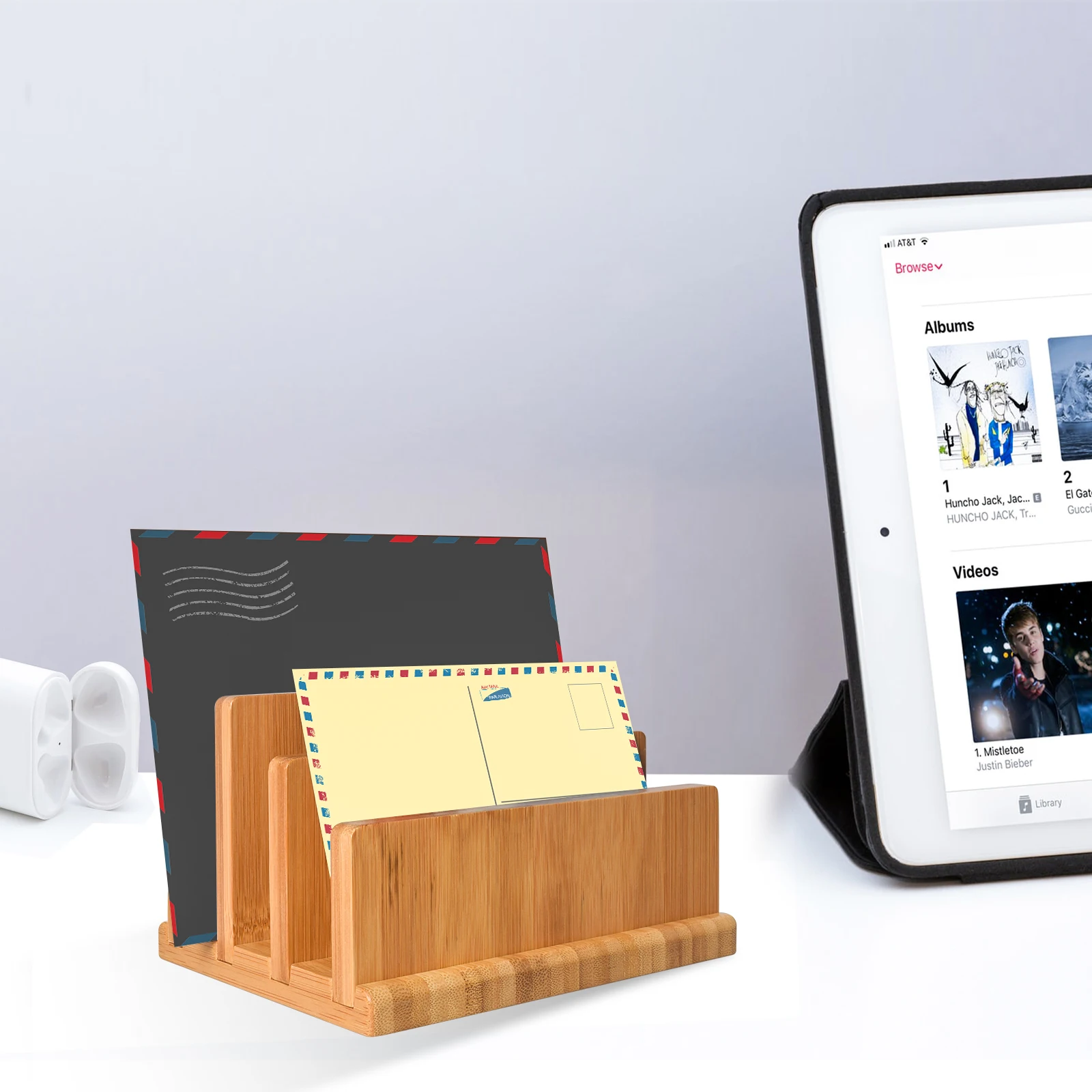 

wishacc 3 Slots Bamboo Mail Organizer Vertical Desk Letter Envelope File Paper Folder Bill Holder for Office Home Storage