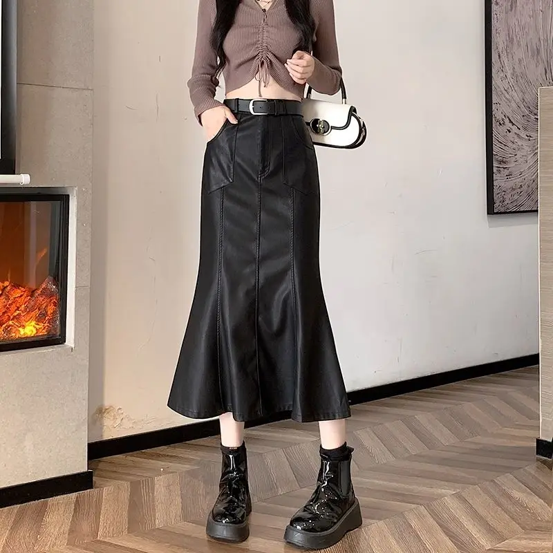 

Осенне-зимняя женская юбка-годе из искусственной кожи с высокой талией