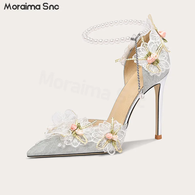 

Three-Dimensional Flower Pearl Wedding Shoes French Pointed Toe Hollow One Word Buckle Fairy Style Temperament High-Heeled Pumps
