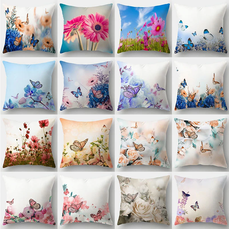 

45x45cm Ins Newest Butterfly Flower Pillow Case Colorful Animal Landscape Living Room Sofa Cushion Cover Office Home Decor