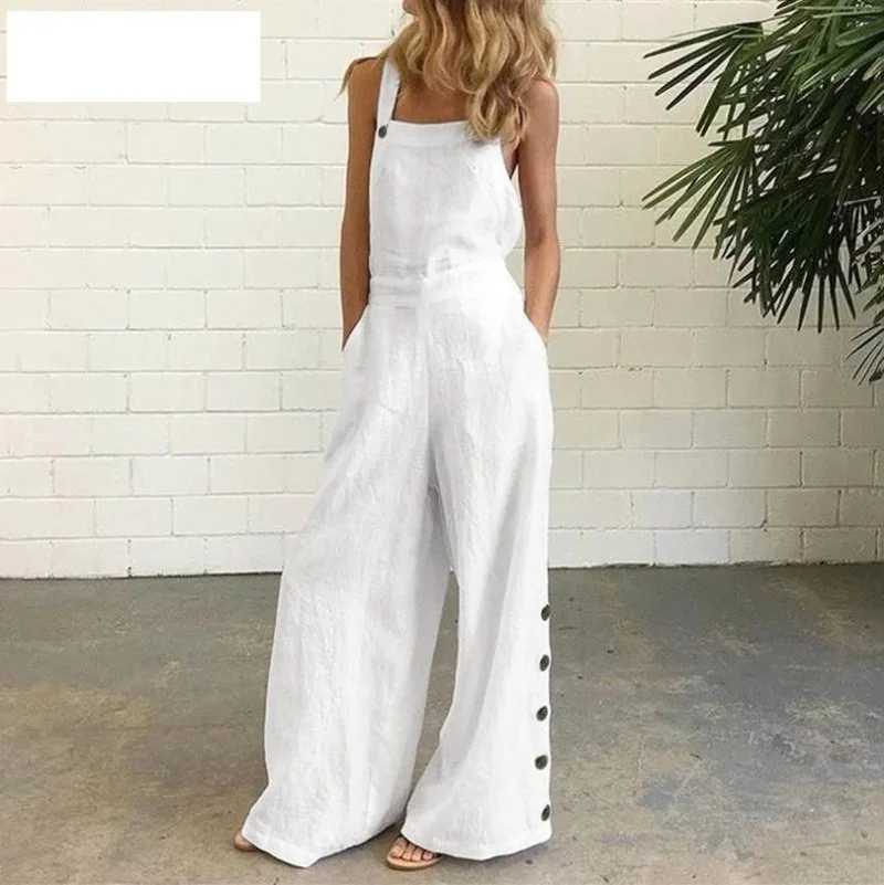 2021 New Fashion Women's Clothing Solid Color Sleeveless Side Pocket Casual Loose Wide Leg Side Buckle Sling Jumpsuit Overalls